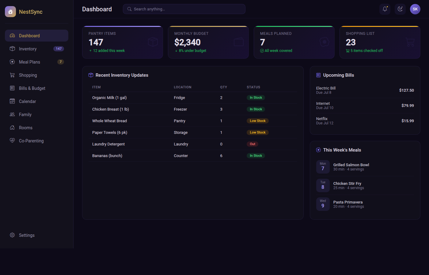 NestSync Dashboard — Inventory, Meals, Bills & Budget Management